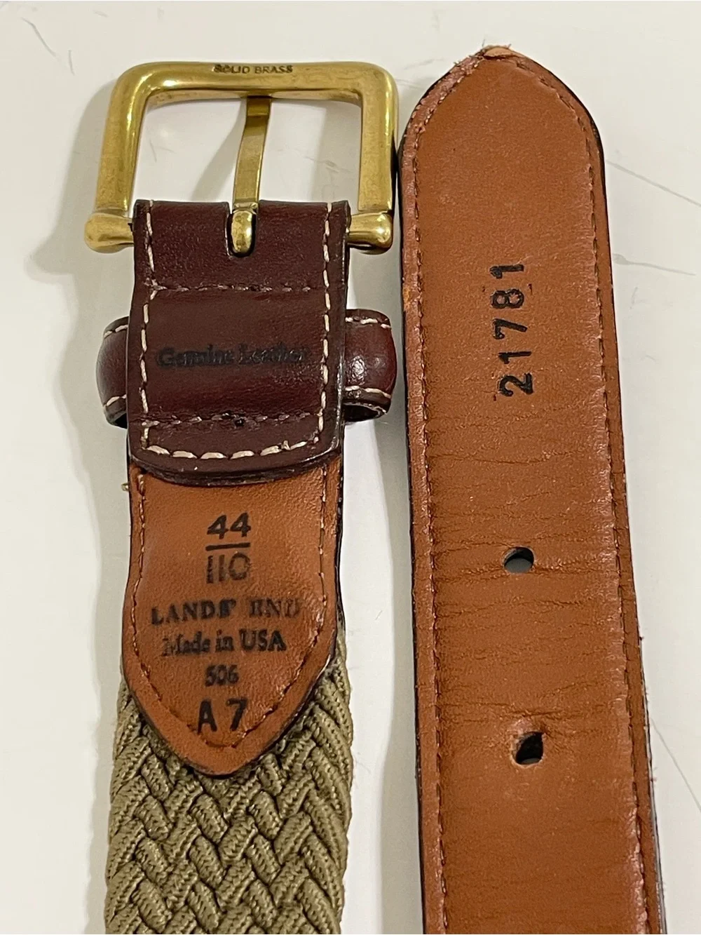 VTG Lands End Olive Green Stretch Belt Leather Trim Solid Brass Buckle Size 44